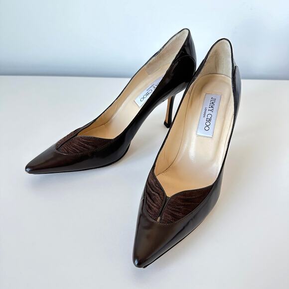 Jimmy Choo Dark Brown Leather Pointed Toe Heels Pumps Size 37.5 - Picture 2 of 14